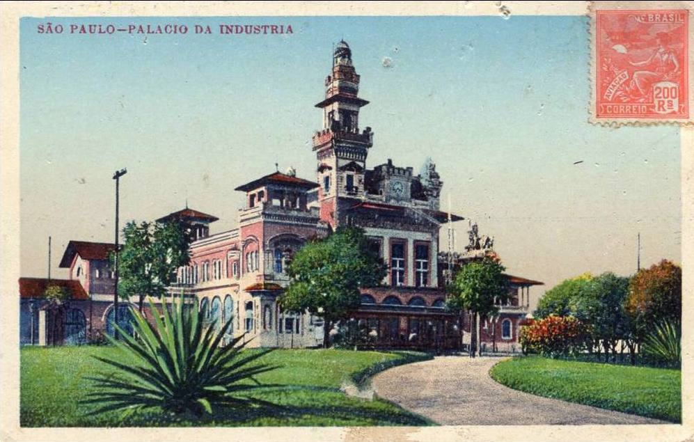 O Palácio das Indústrias em postal colorido dos anos 20 - 30.
