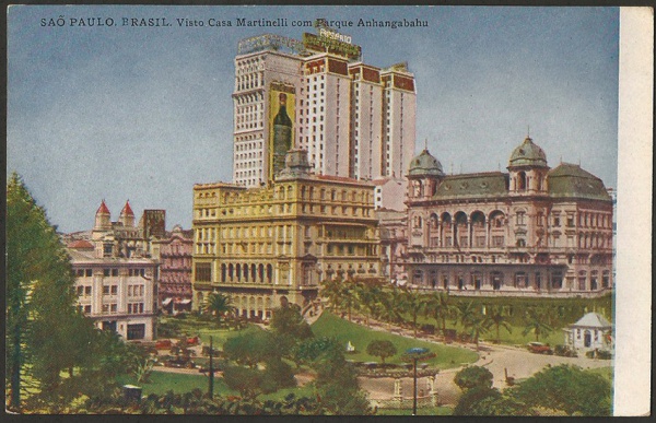 Postal com destaque para o Martinelli e um dos Palacetes Prattes